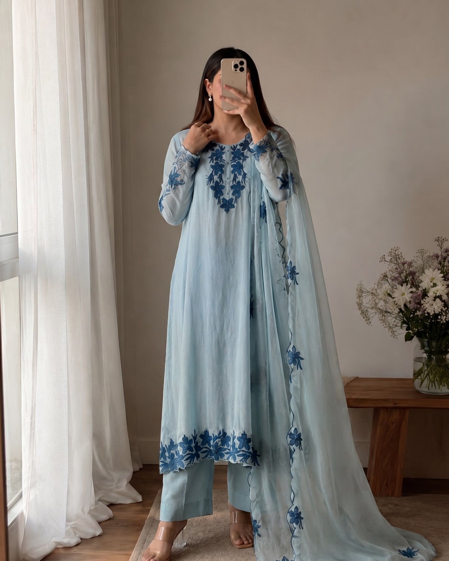 sky blue mal chanderi embroidered 3 piece kurta set with dupatta for women