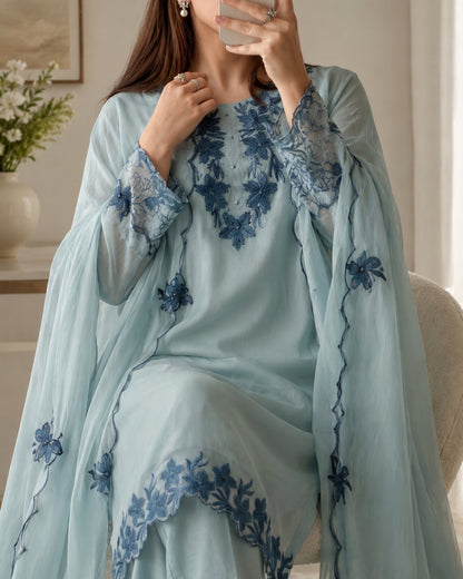 Sky Blue Mal Chanderi Embroidered 3 Piece Kurta Set with Dupatta for Women