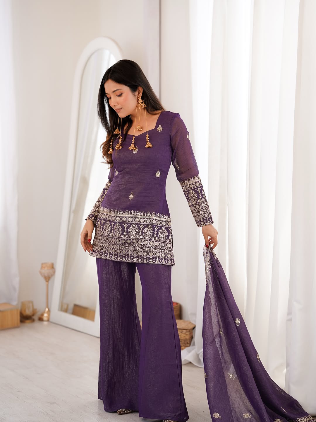 purple crunchy silk top with bell bottom