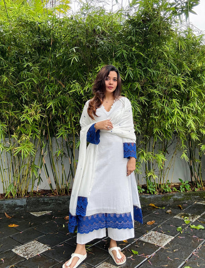Ivory Blue Kota Checks Lace Embroidered Kurta Pant & Dupatta Set