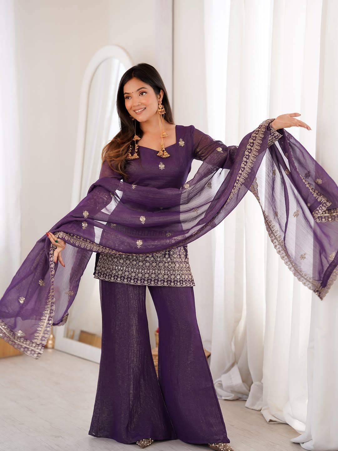 purple crunchy silk top with bell bottom