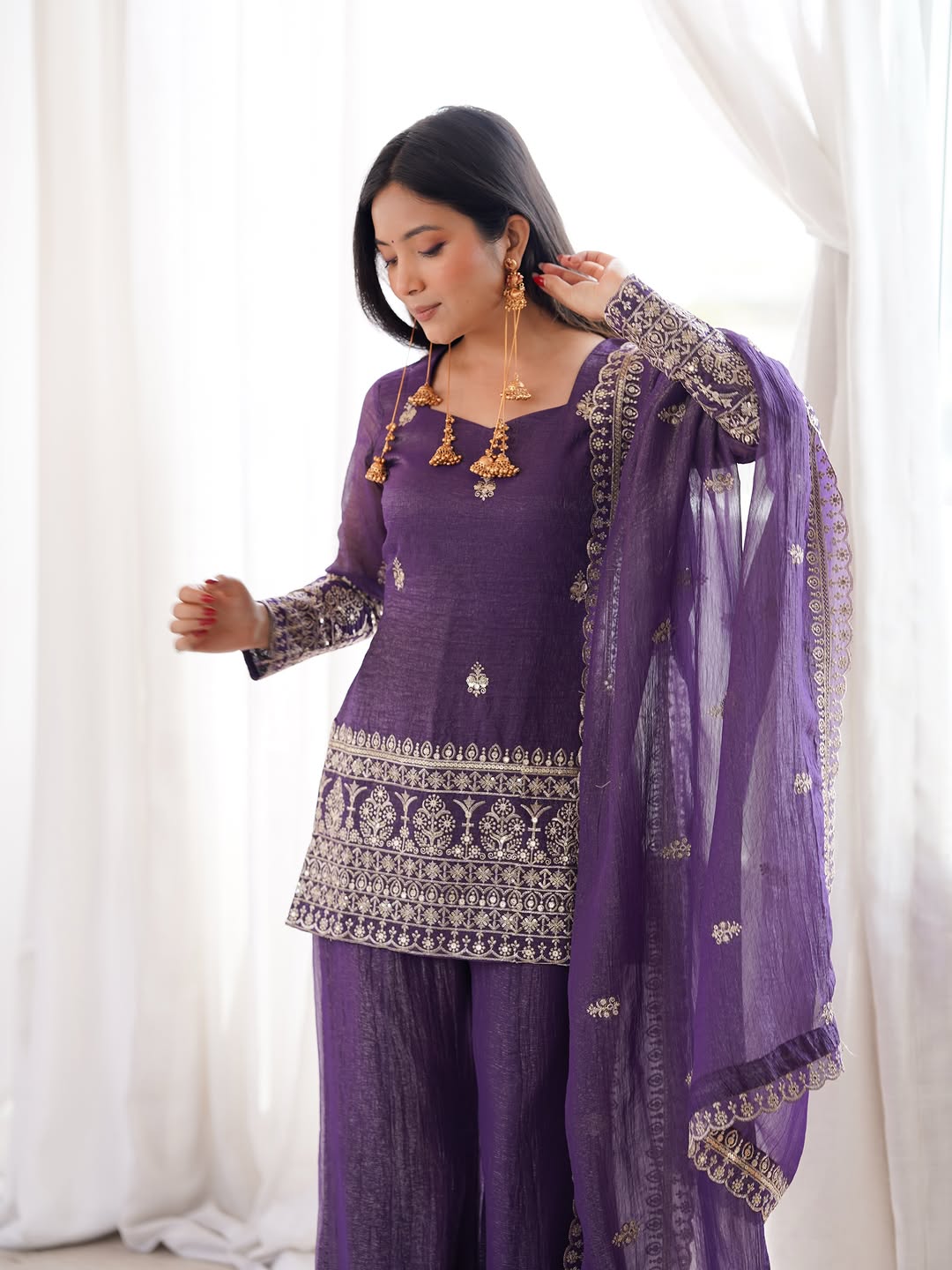 purple crunchy silk top with bell bottom
