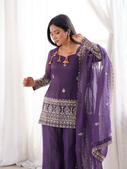 Purple Crunchy Silk Top with Bell Bottom