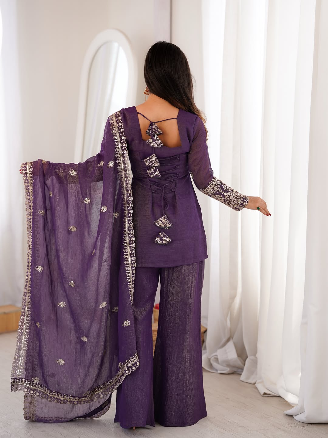 purple crunchy silk top with bell bottom