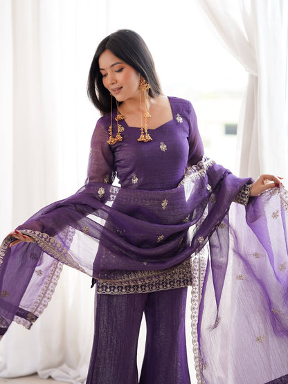 Purple Crunchy Silk Top with Bell Bottom