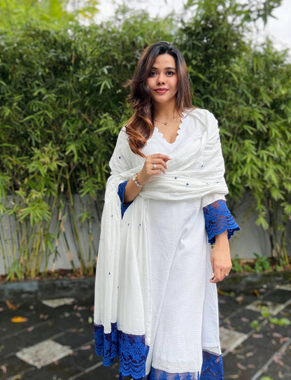 Ivory Blue Kota Checks Lace Embroidered Kurta Pant & Dupatta Set