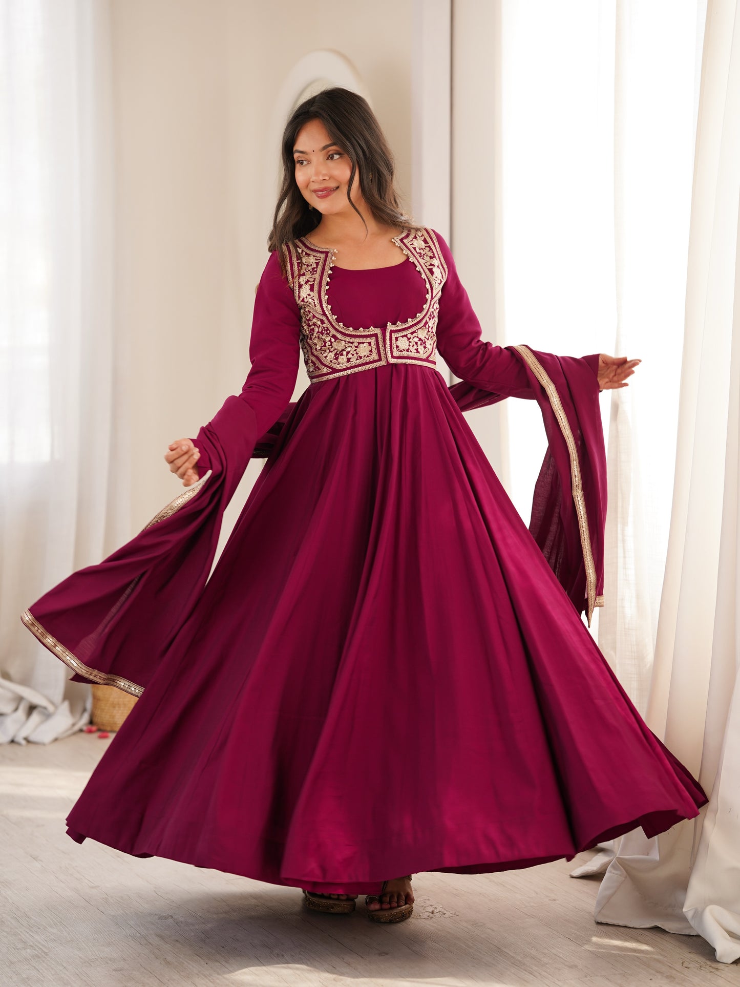 elegant wine silk embroidered anarkali gown with jacket, bottom & dupatta