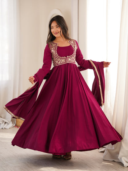 Elegant Wine Silk Embroidered Anarkali Gown with Jacket, Bottom & Dupatta