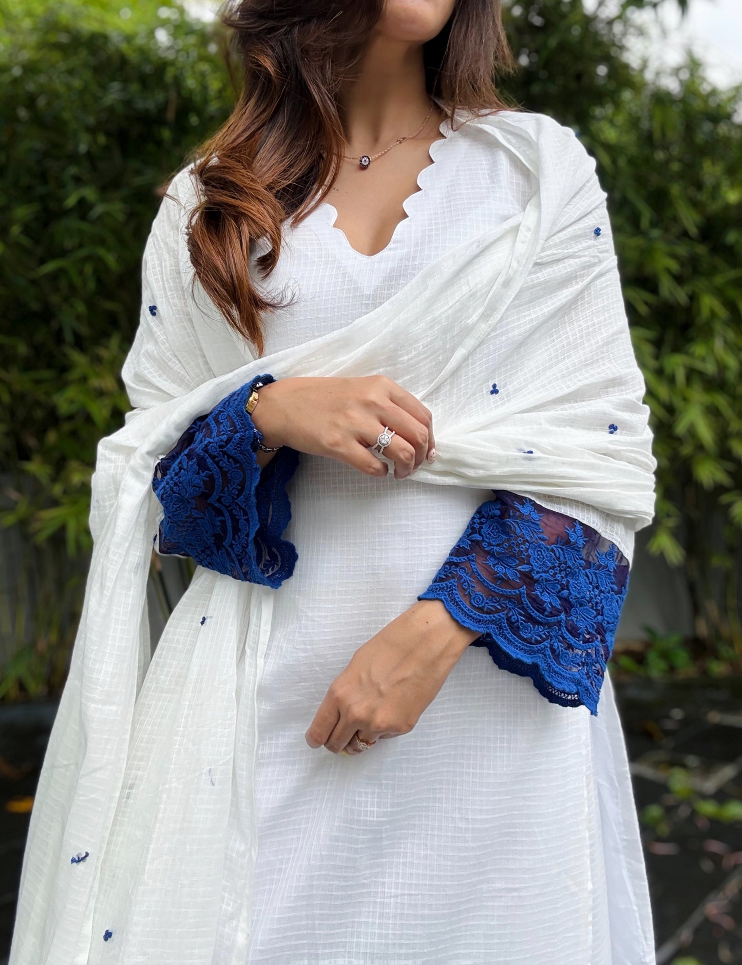 ivory blue kota checks lace embroidered kurta pant & dupatta set