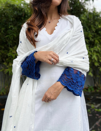 Ivory Blue Kota Checks Lace Embroidered Kurta Pant & Dupatta Set