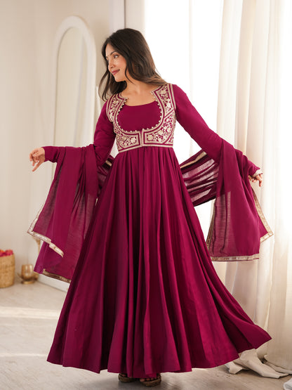 Elegant Wine Silk Embroidered Anarkali Gown with Jacket, Bottom & Dupatta