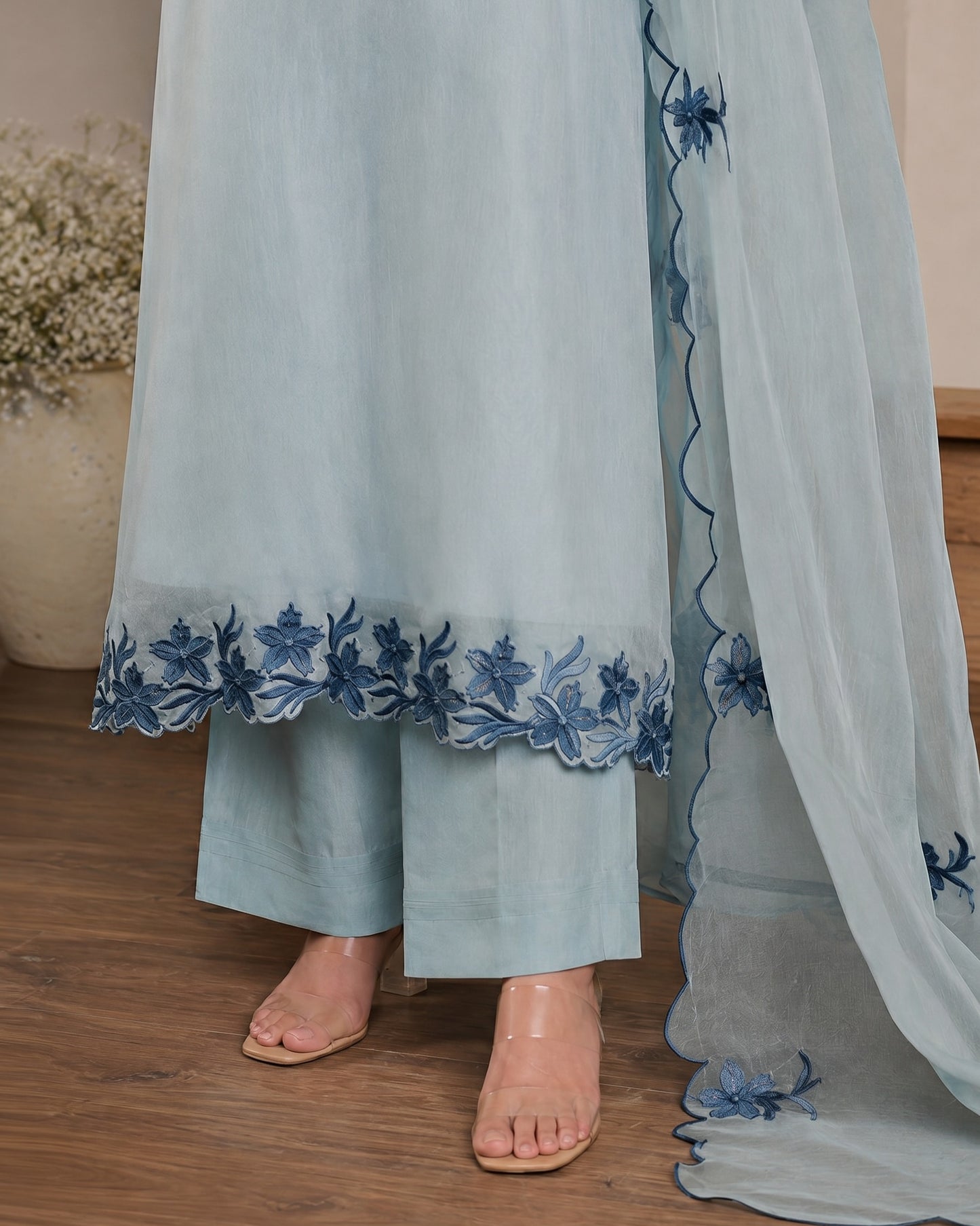 sky blue mal chanderi embroidered 3 piece kurta set with dupatta for women