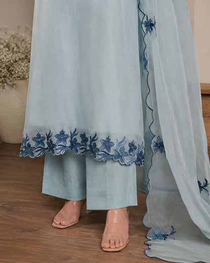 Sky Blue Mal Chanderi Embroidered 3 Piece Kurta Set with Dupatta for Women