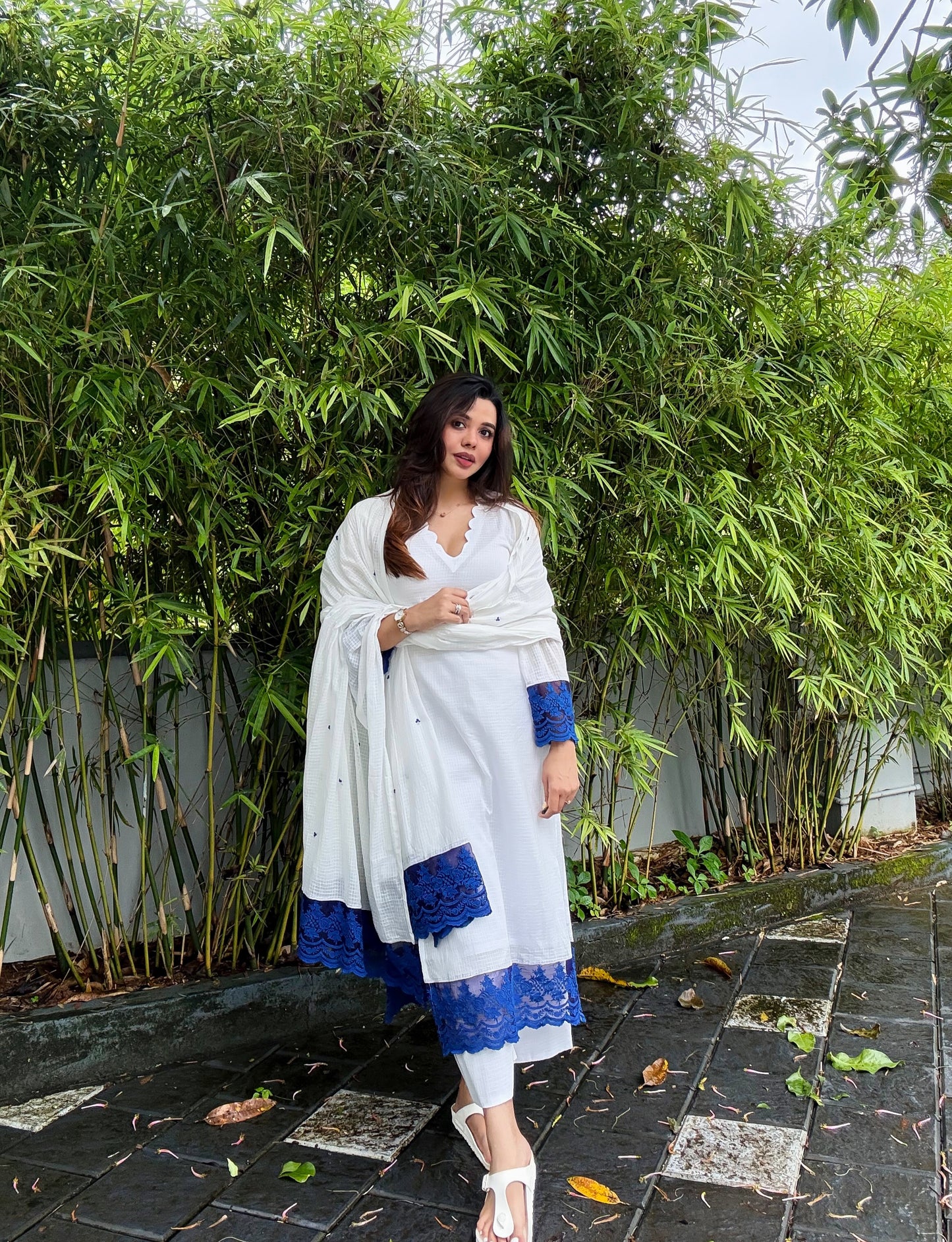 ivory blue kota checks lace embroidered kurta pant & dupatta set