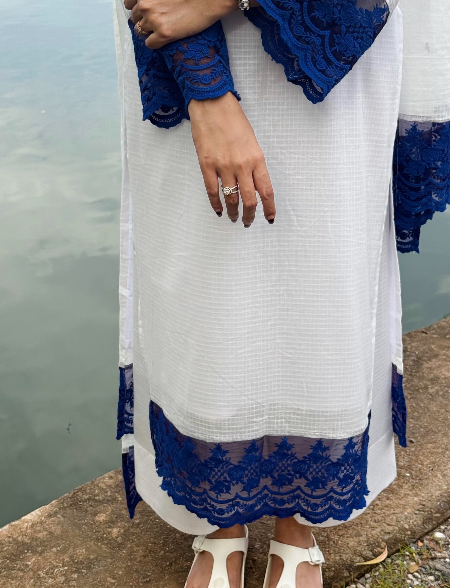 ivory blue kota checks lace embroidered kurta pant & dupatta set