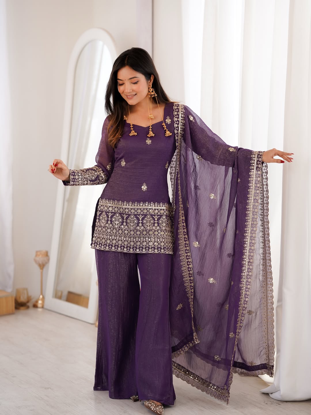 purple crunchy silk top with bell bottom