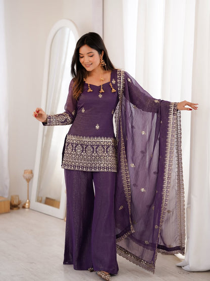 Purple Crunchy Silk Top with Bell Bottom