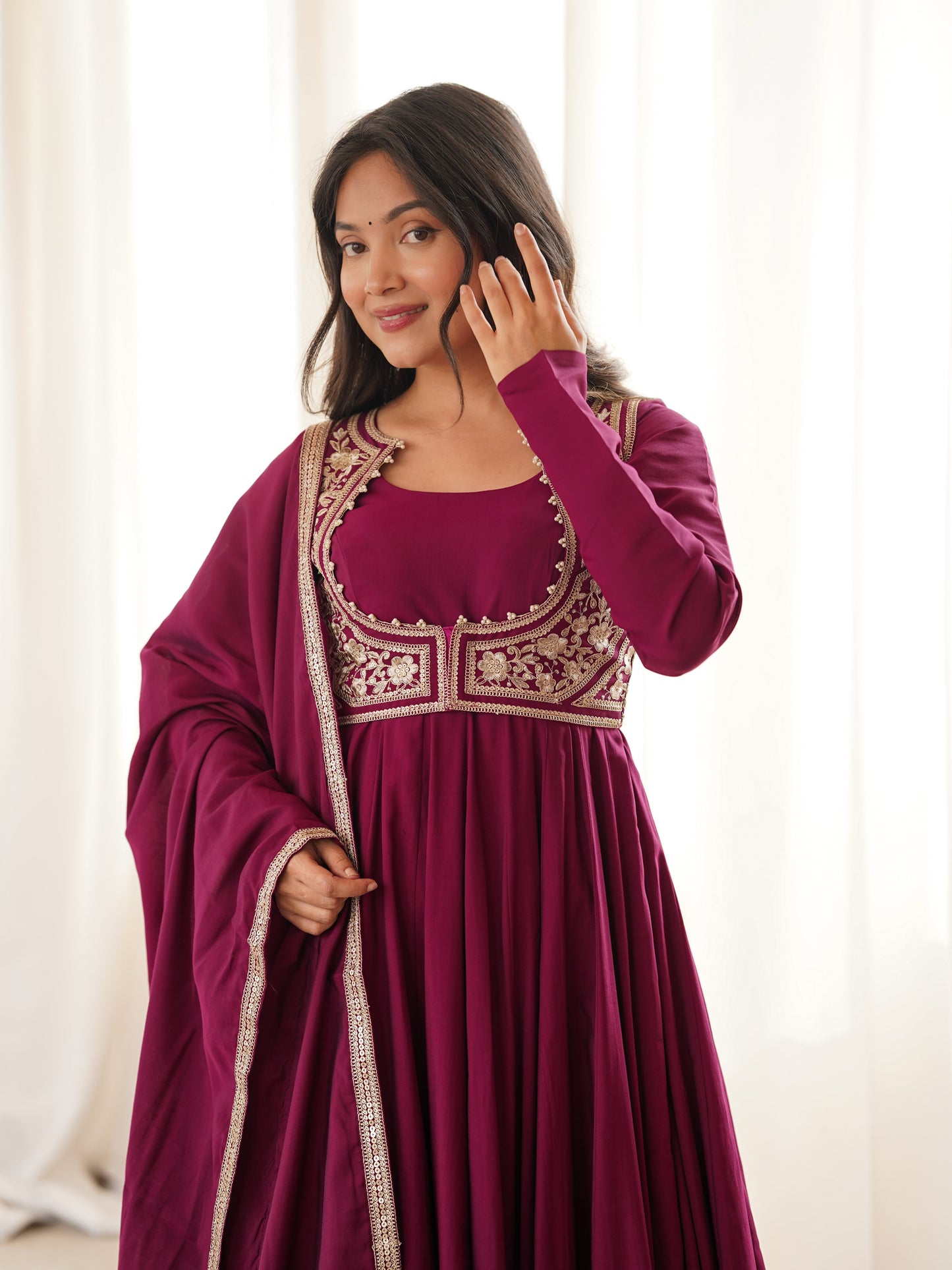 elegant wine silk embroidered anarkali gown with jacket, bottom & dupatta