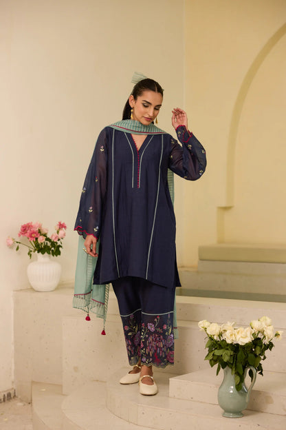 Meher Blue Chanderi Floral Embroidered Kurta Set with Aqua Dupatta