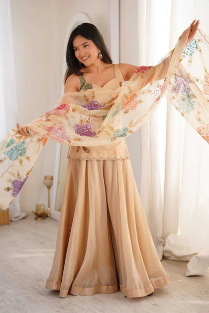 Champagne Beige Embroidered Kurta Set with Multicolor Organza Dupatta for Women