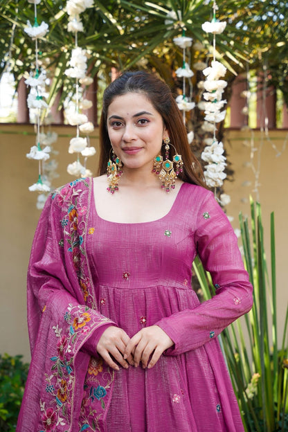 Dusty Rose Shades Crunchy Silk Anarkali Plazo Suit Set