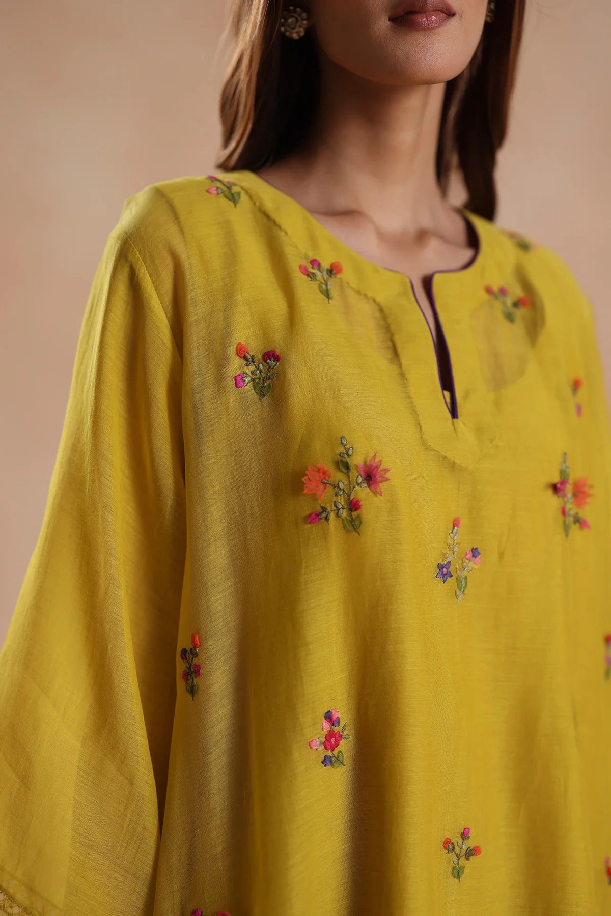 gulbahar mustard yellow chanderi silk floral embroidered kurta pant set