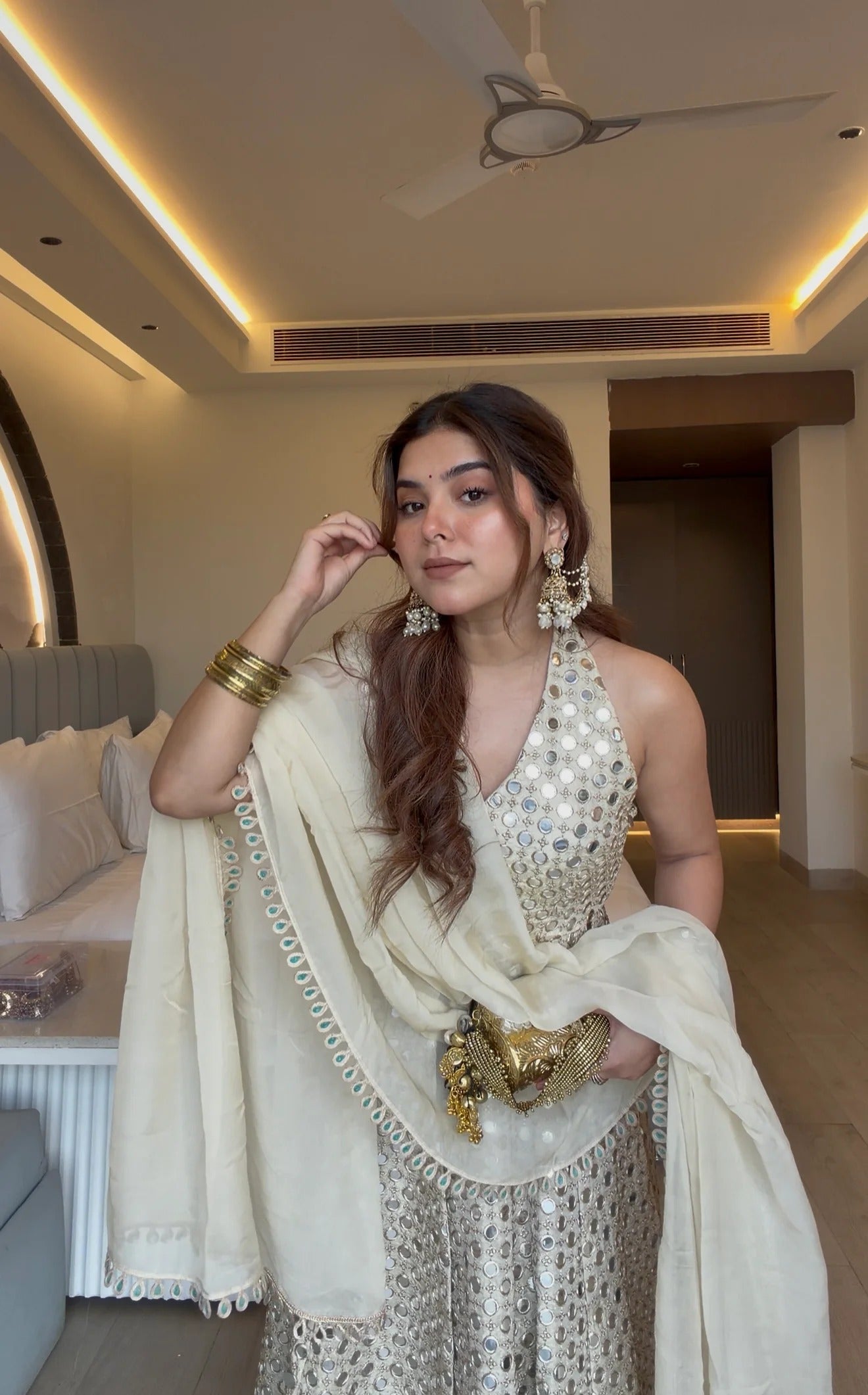 ivory mirror work anarkali set with dupatta