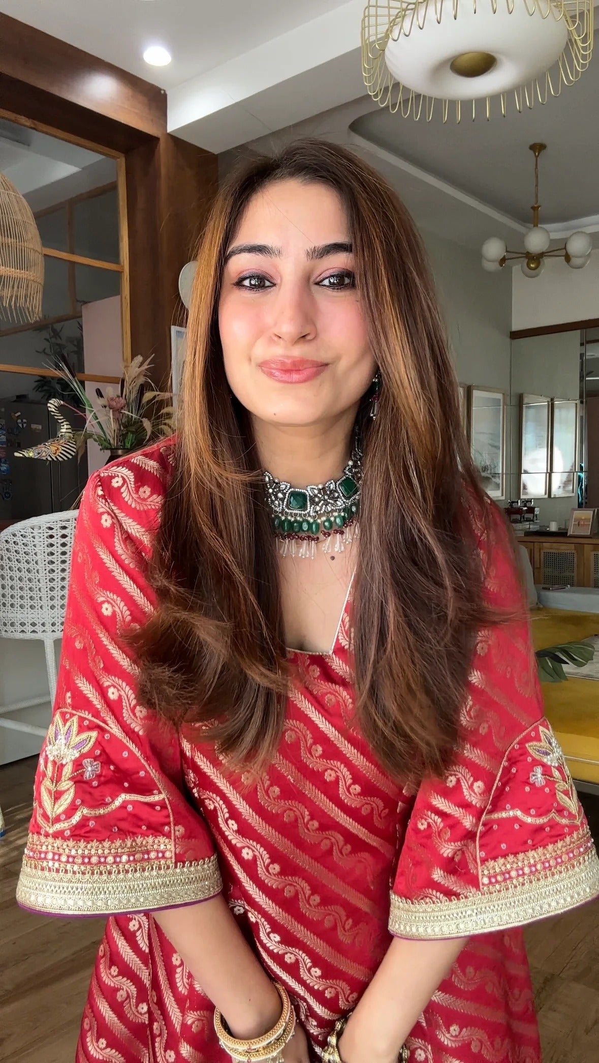 elegant red jacquard muslin handwork kurta set for women