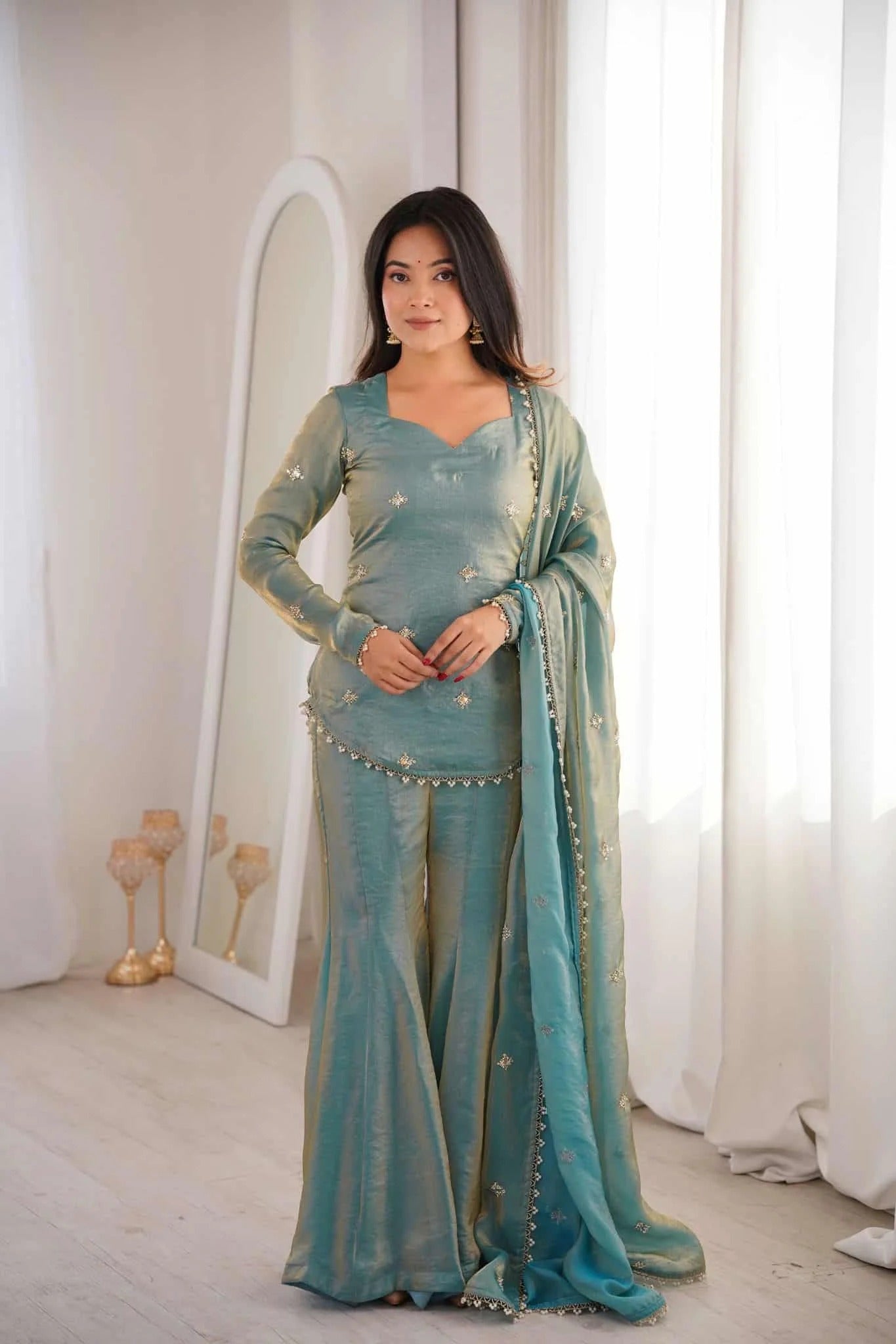 elegant sea green sharara suit set with embellished dupatta