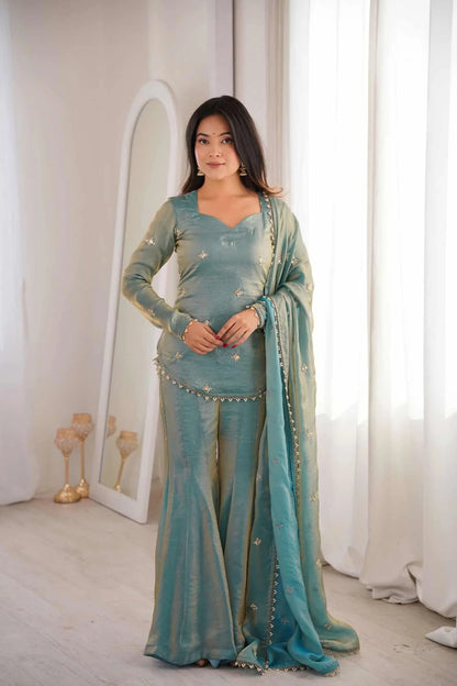 Elegant Sea Green Sharara Suit Set with Embellished Dupatta