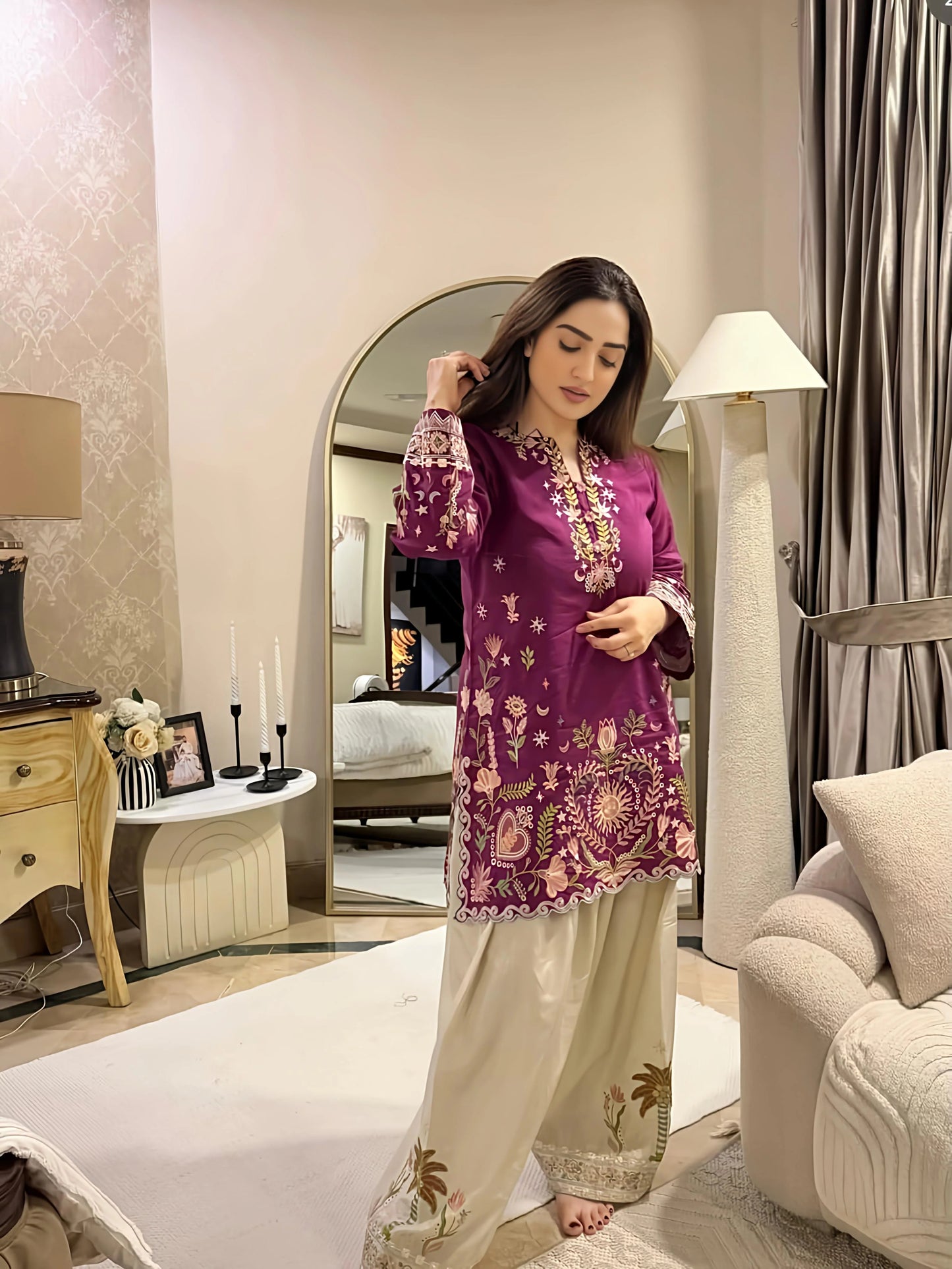 regal magenta embroidered kurta with ivory tulip pant set for women