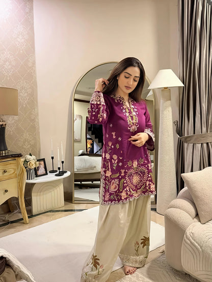 Regal Magenta Embroidered Kurta with Ivory Tulip Pant Set for Women