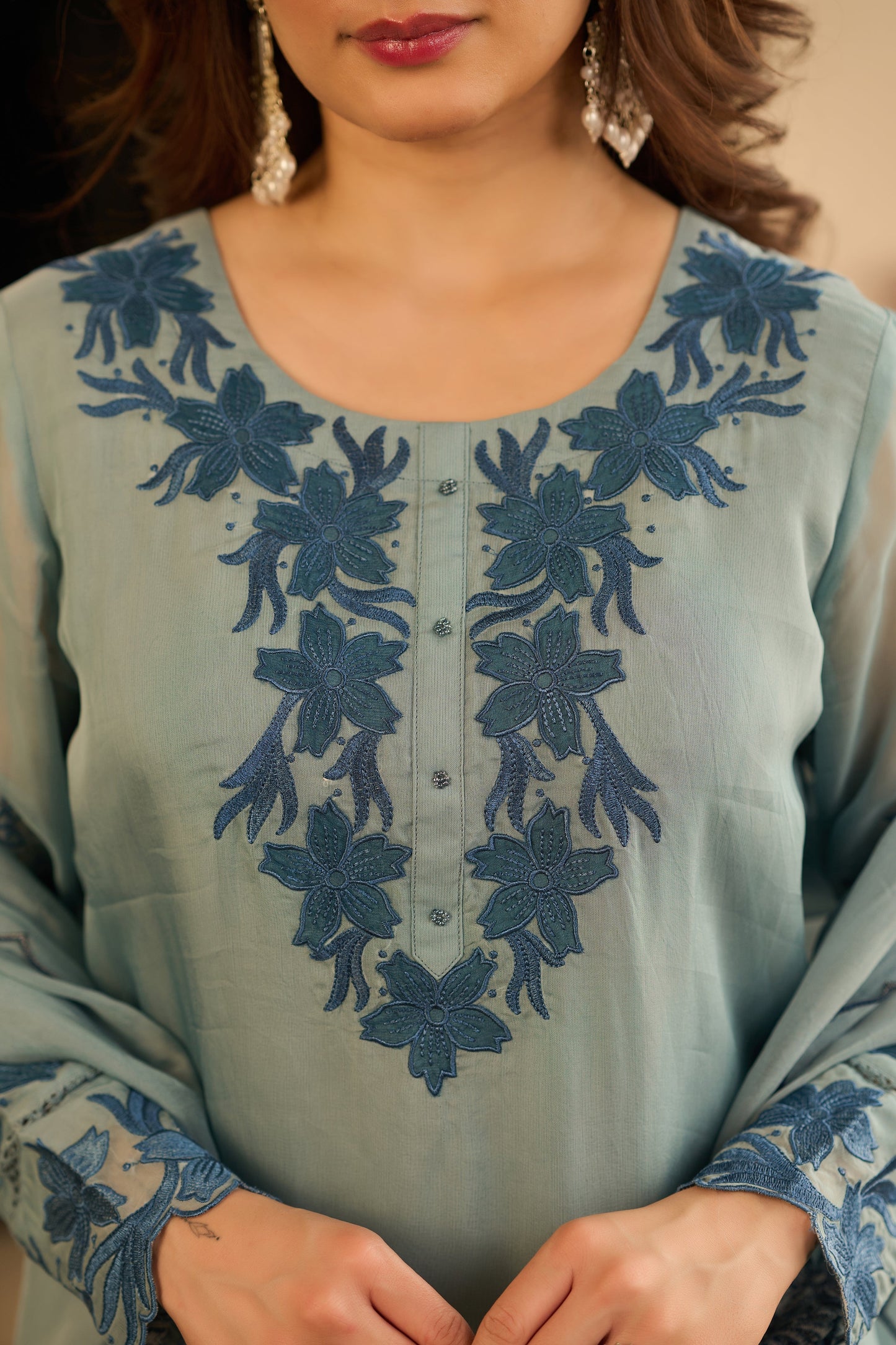 sky blue mal chanderi embroidered 3 piece kurta set with dupatta for women