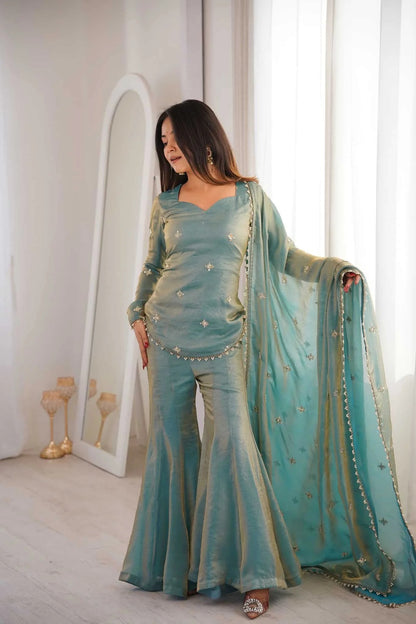 Elegant Sea Green Sharara Suit Set with Embellished Dupatta