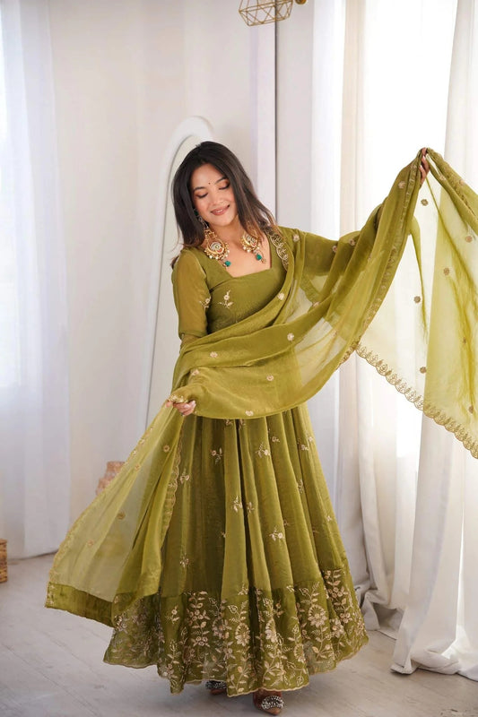 Olive Green Embroidered Anarkali Suit Set with Dupatta | Elegant Festive & Wedding Wear