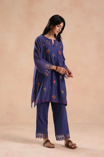 Mehrunnisa Royal Purple Chanderi Silk Floral Embroidered Kurta Pant Set for Women
