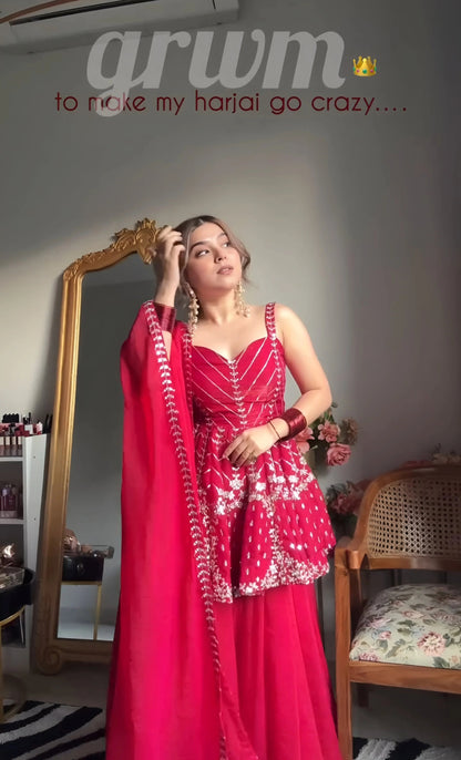 Rani Pink Embroidered Peplum Sharara Set with Dupatta