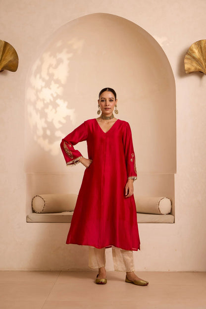 Red Chanderi Kurta Set with Tissue Dupatta