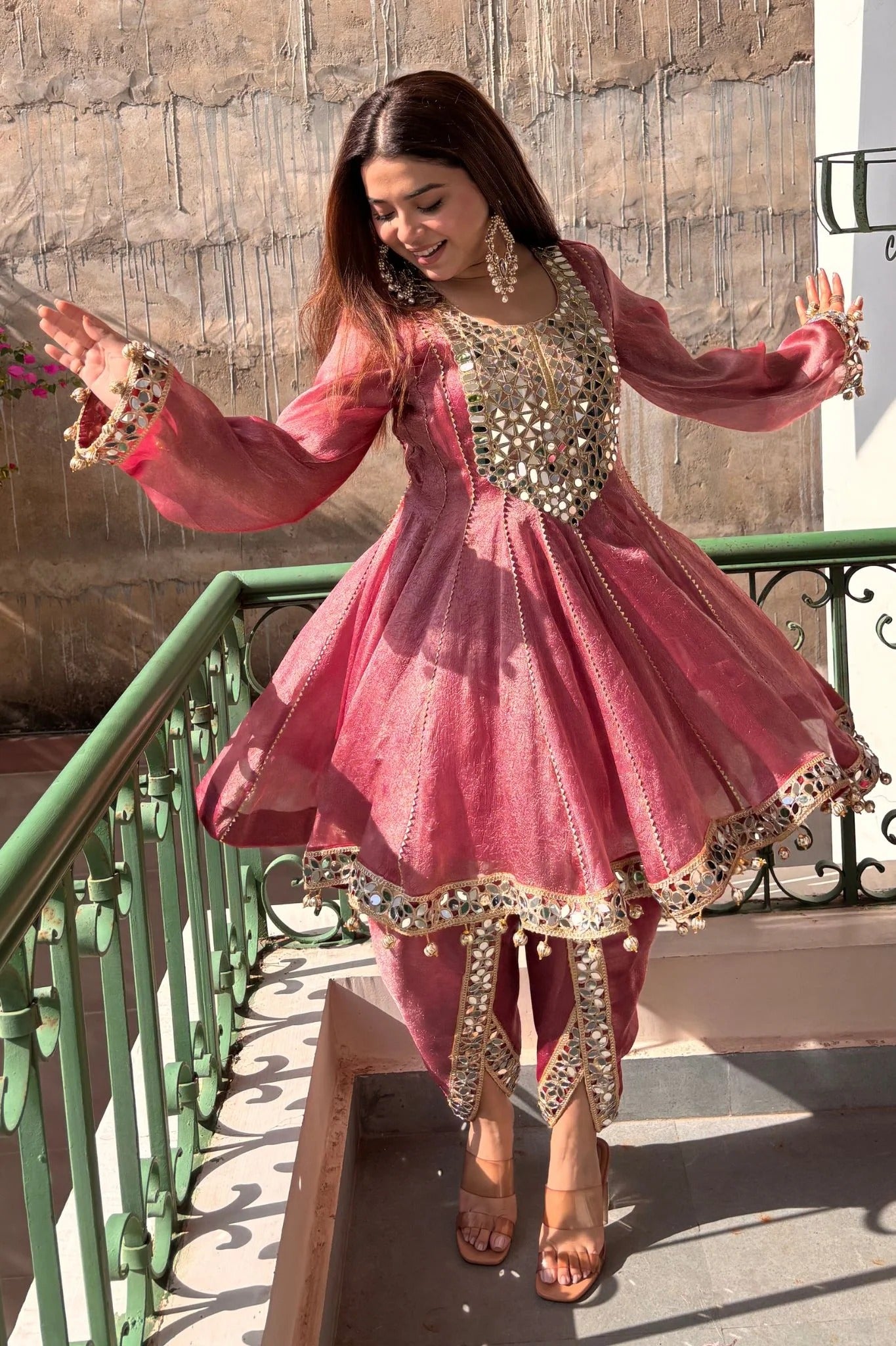 luxury dusty rose mirror work with organza dupatta set