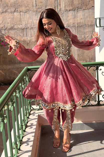 Luxury Dusty Rose Mirror Work with Organza Dupatta Set