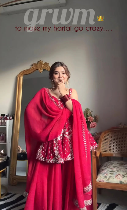 Rani Pink Embroidered Peplum Sharara Set with Dupatta
