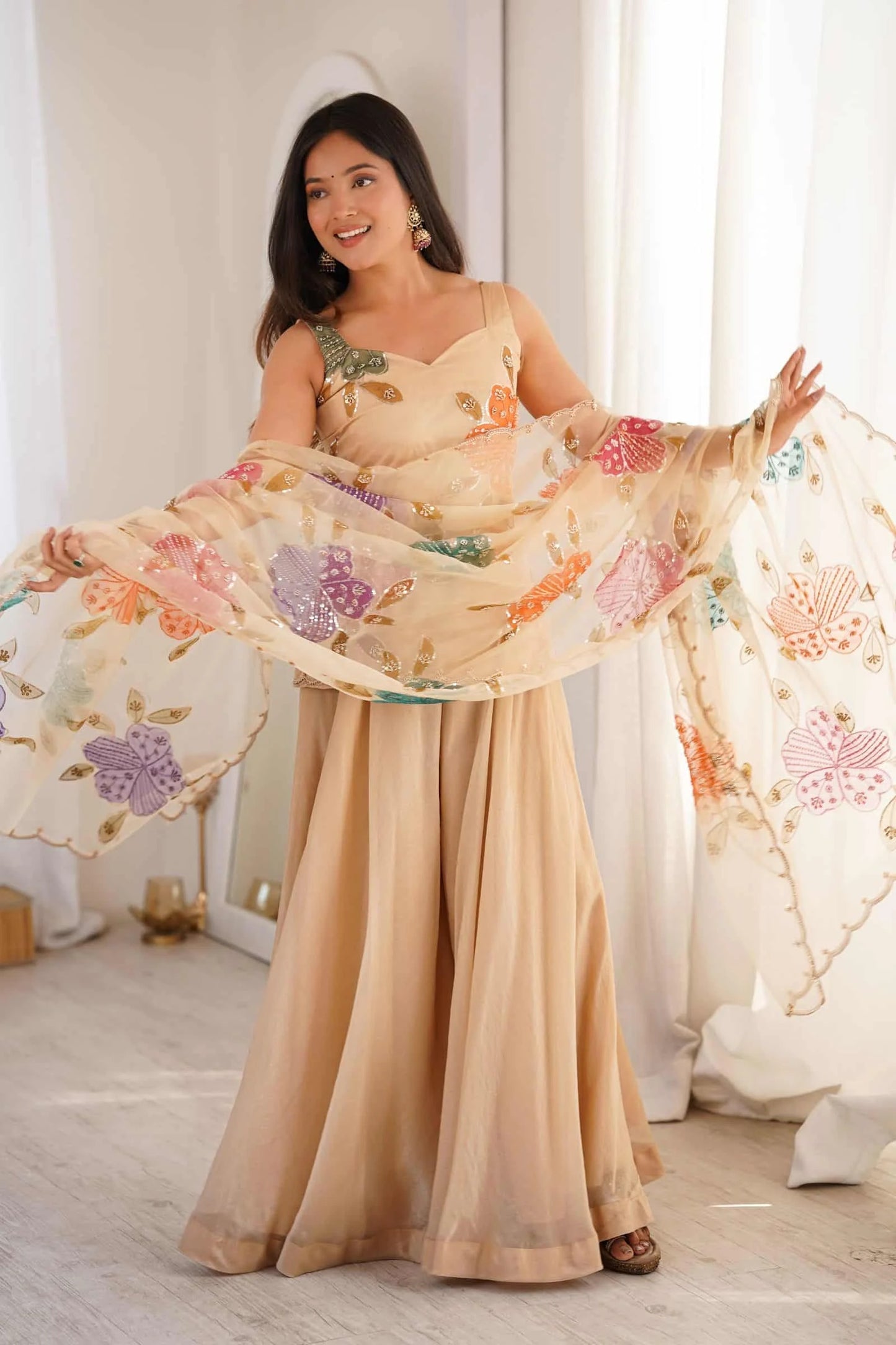 champagne beige embroidered kurta set with multicolor organza dupatta for women