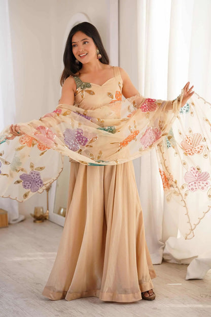 Champagne Beige Embroidered Kurta Set with Multicolor Organza Dupatta for Women