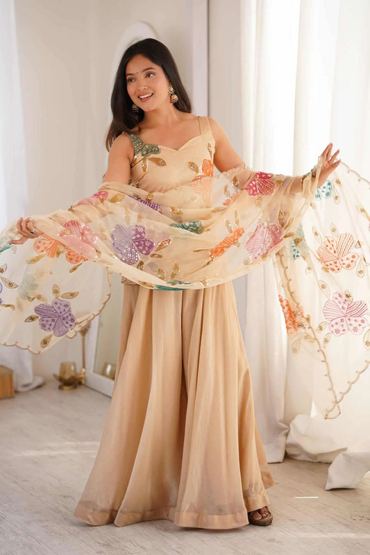 Champagne Beige Embroidered Kurta Set with Multicolor Organza Dupatta for Women