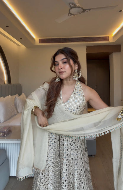 Ivory Mirror Work Anarkali Set with Dupatta