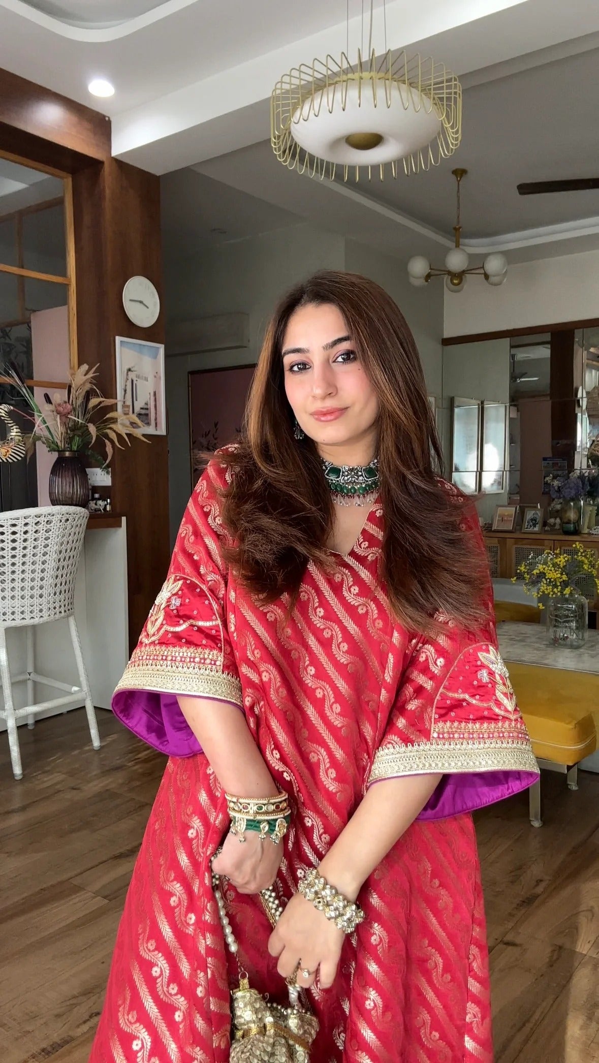 elegant red jacquard muslin handwork kurta set for women
