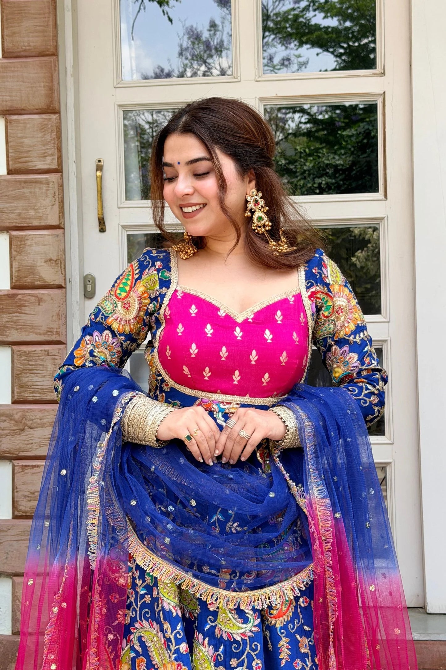designer blue & pink festive anarkali gown with dupatta