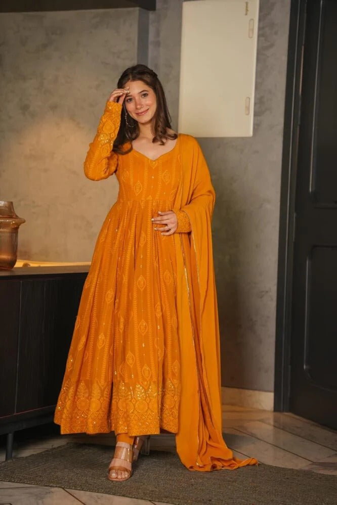 mustard premium quality maxi anarkali suit set