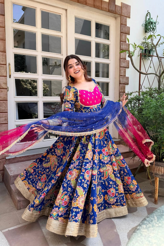 Designer Blue & Pink Festive Anarkali Gown with Dupatta