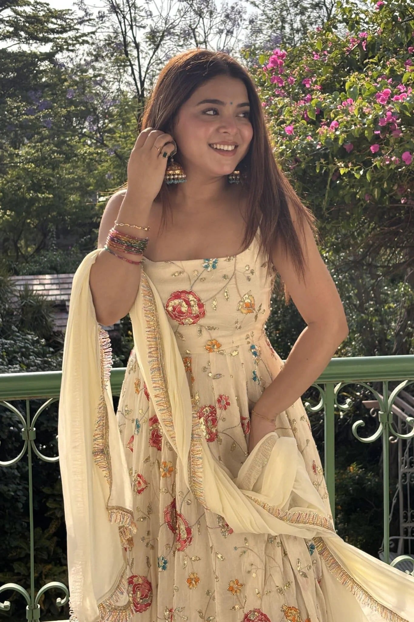ivory floral embroidered anarkali gown set with dupatta for women